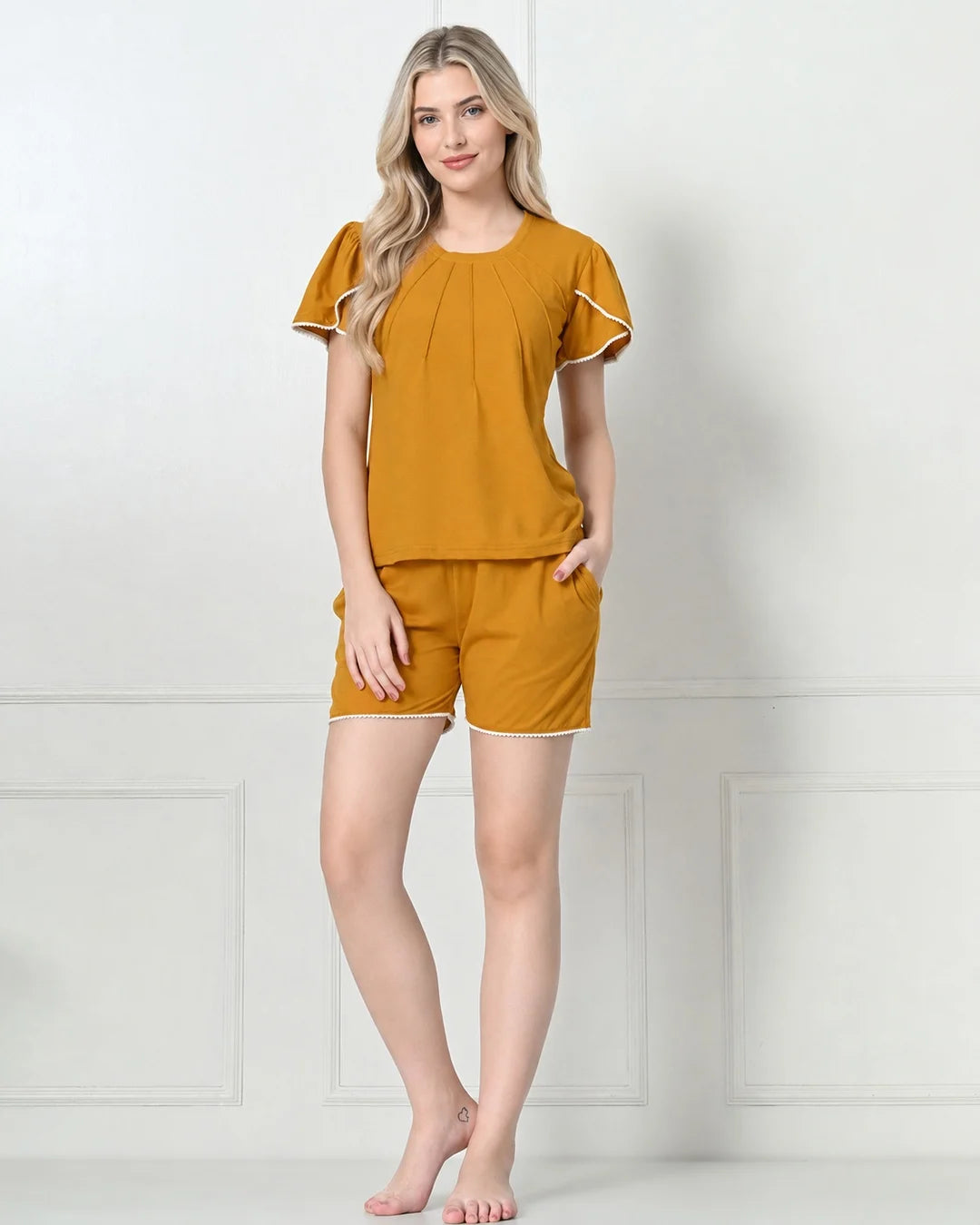 Mustard Knit Flutter-Sleeve Top & Shorts Set with Lace Trim