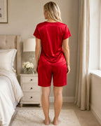 Red Satin Short-Sleeve Top & Shorts Set with Black Lace V-Neck & Bow Tie