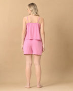Pink Knit Spaghetti-Strap Cami & Shorts Set with Lace Yoke Panel