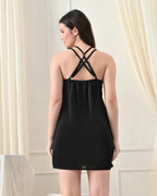 Black Satin Lycra Cross-Back Babydoll Set