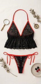 Black Lace Halter Babydoll Bikini Set with Red Trim
