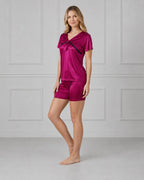Wine Satin Short-Sleeve Top & Shorts Set with Black Lace V-Neck & Bow Tie