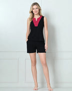 Black Knit Sleeveless Top & Shorts Set with Contrast V-Panel
