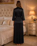 Black Satin Lycra Maxi Nightgown with Lace V-Neckline