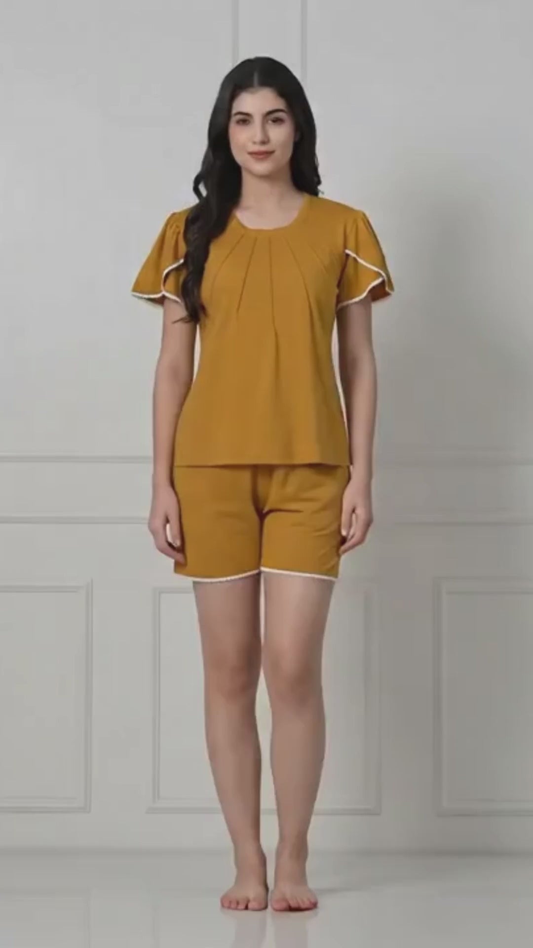 Mustard Knit Flutter-Sleeve Top & Shorts Set with Lace Trim