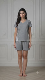 Gray Knit Cap-Sleeve Top & Shorts Set with Side Lace Panel