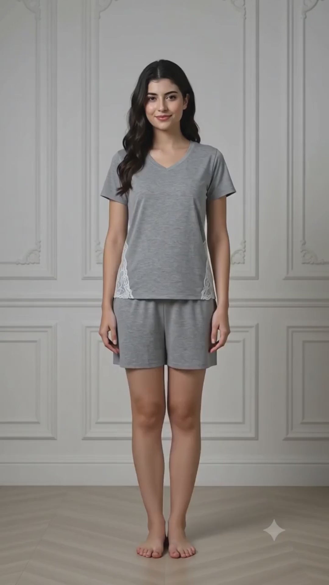 Gray Knit Cap-Sleeve Top & Shorts Set with Side Lace Panel