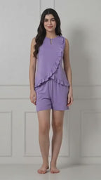 Lilac Knit Ruffle-Trim Sleeveless Top & Shorts Set