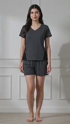 Charcoal Knit Cap-Sleeve Top & Shorts Set with Contrast Side Panels