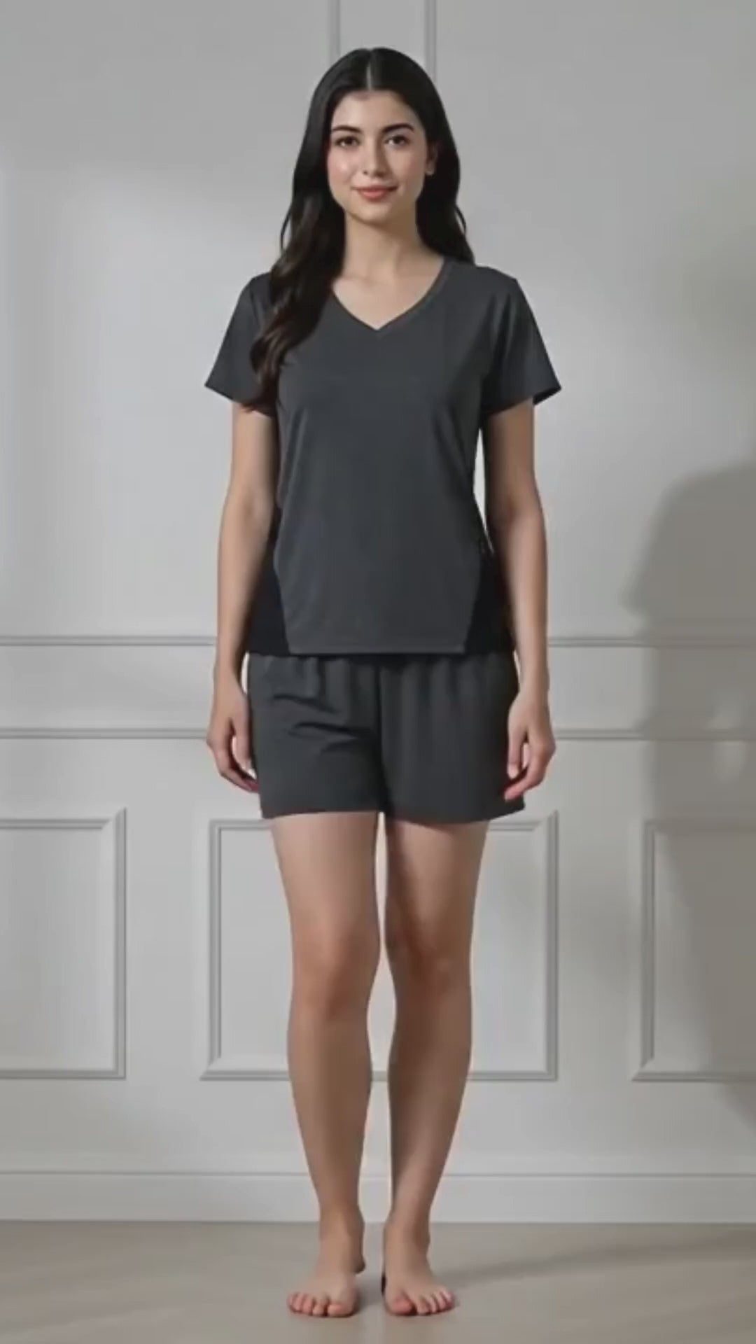 Charcoal Knit Cap-Sleeve Top & Shorts Set with Contrast Side Panels