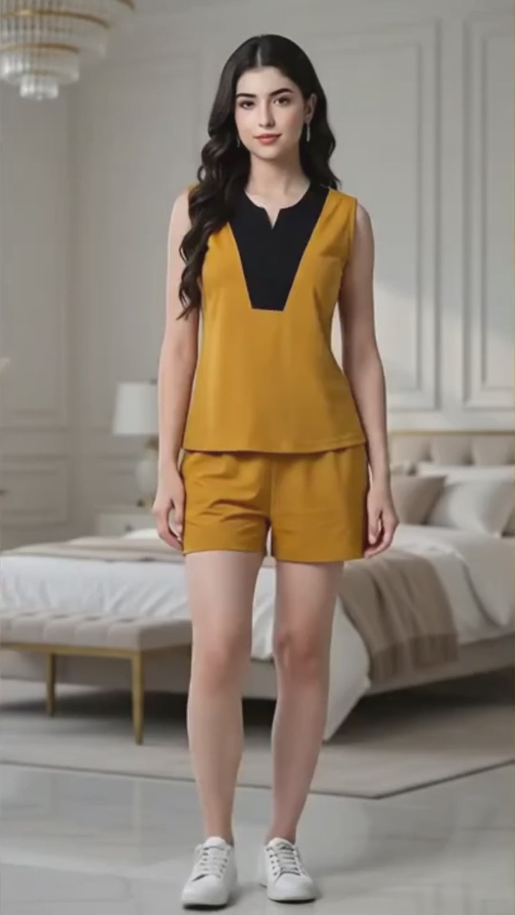 Mustard Knit Sleeveless Top & Shorts Set with Contrast V-Panel
