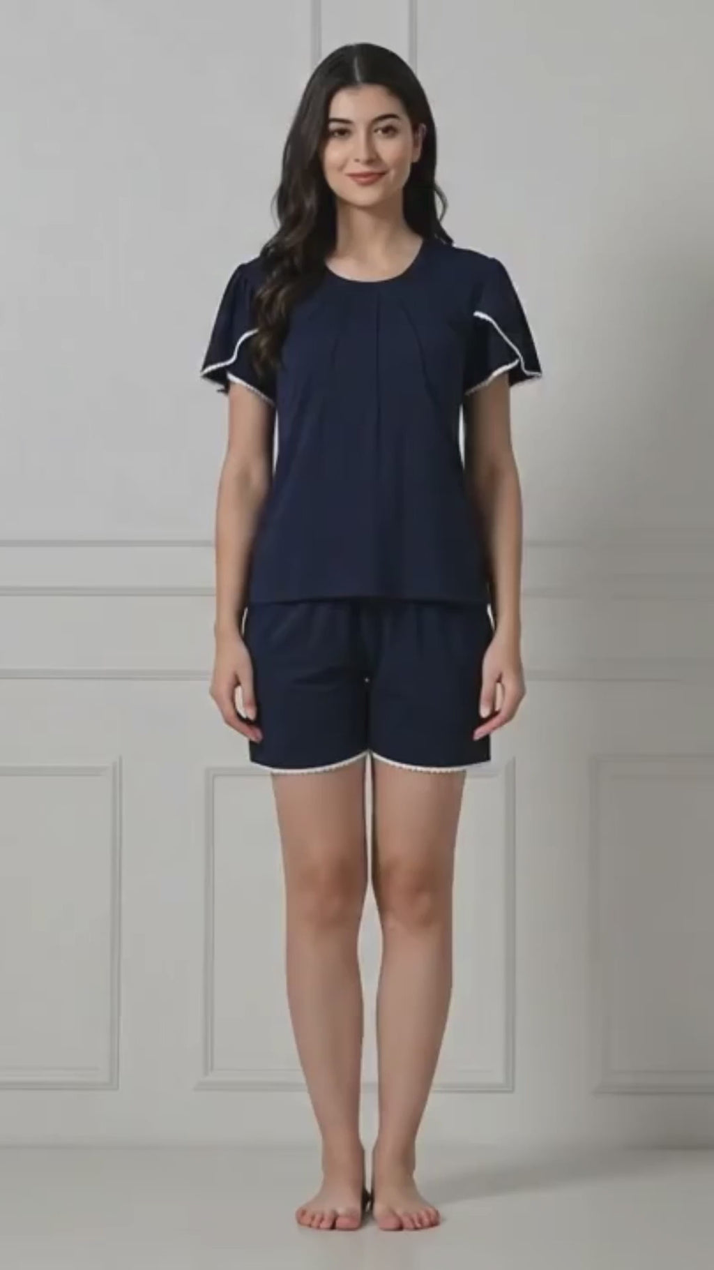 Navy Blue Knit Flutter-Sleeve Top & Shorts Set with Lace TrimHook line