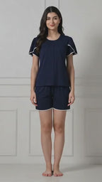 Navy Blue Knit Flutter-Sleeve Top & Shorts Set with Lace TrimHook line