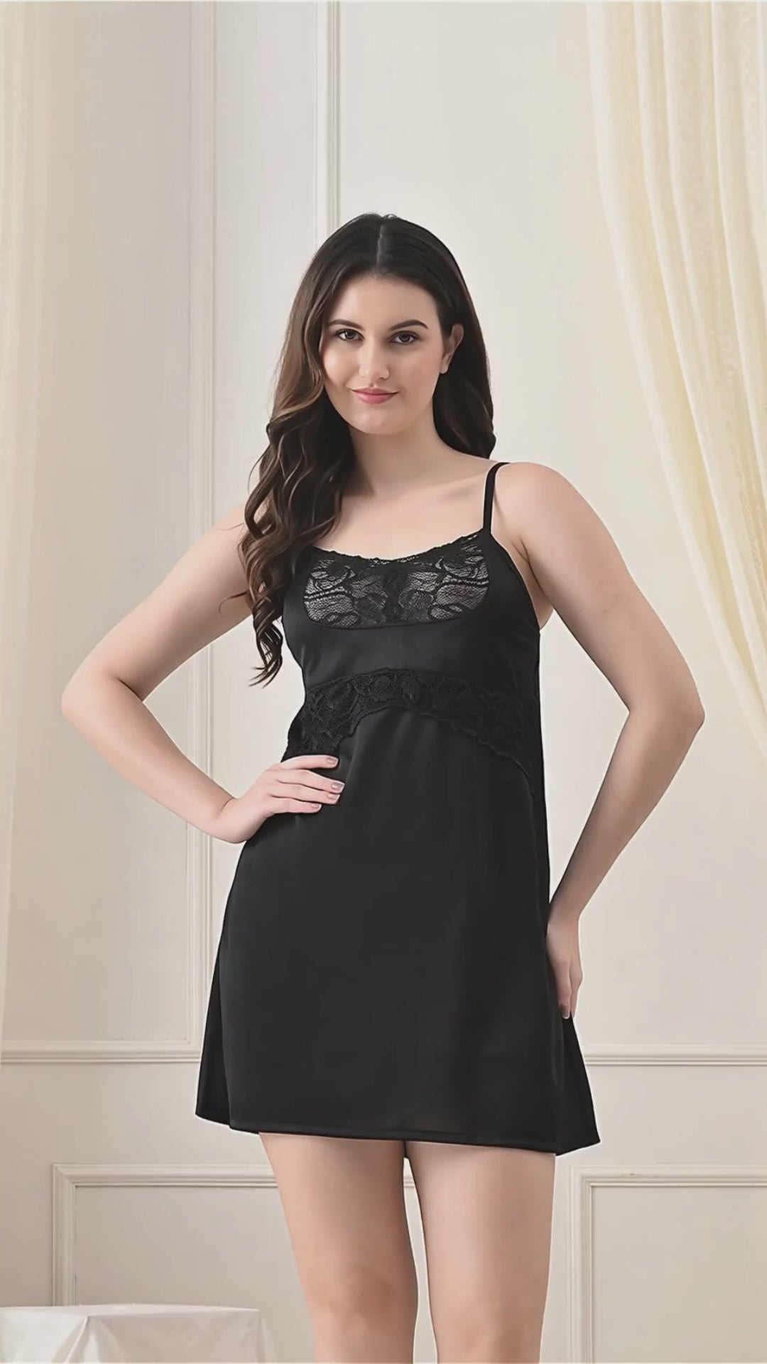 Black Satin Lycra Babydoll Set — Style III
