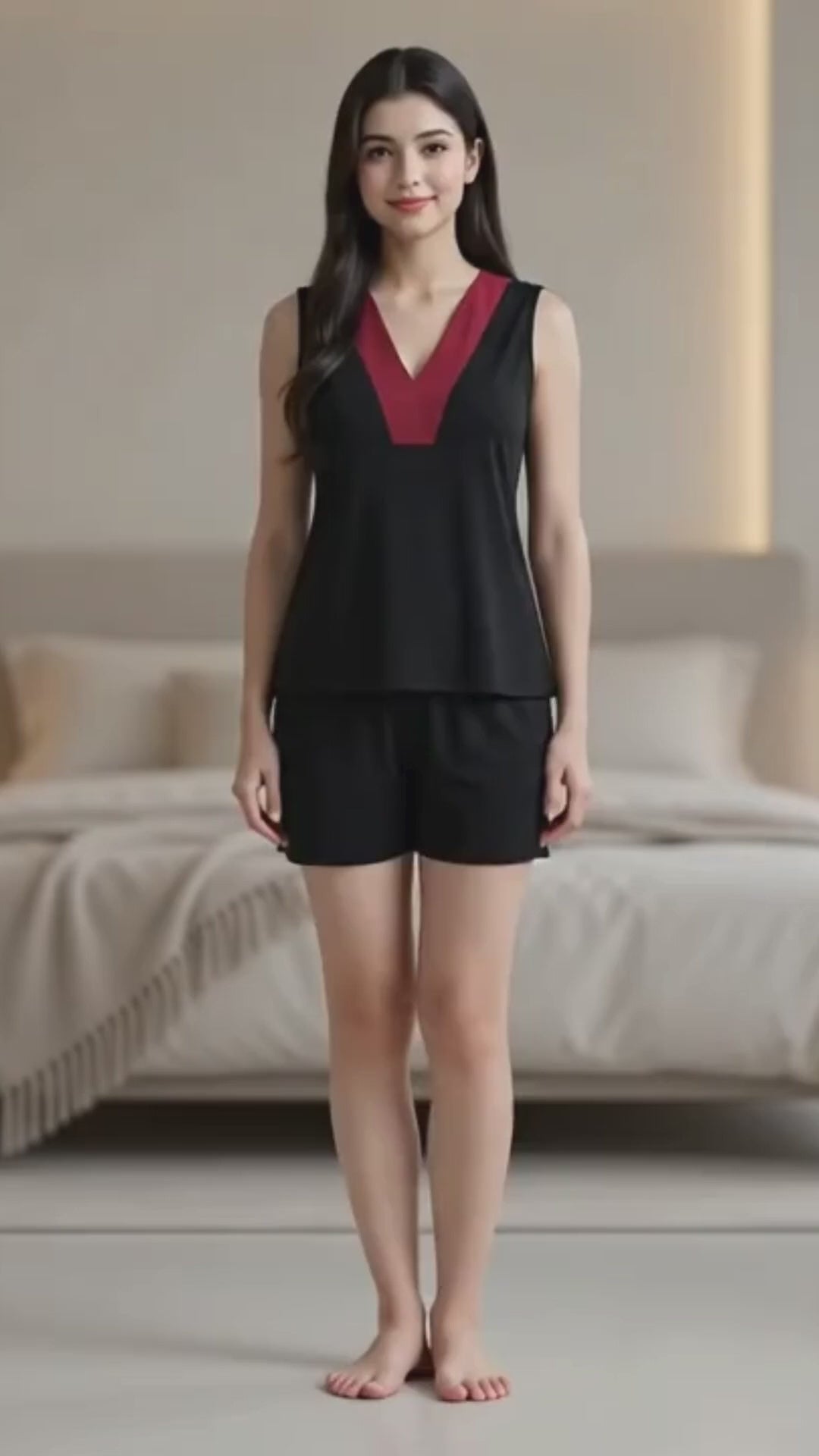 Black Knit Sleeveless Top & Shorts Set with Contrast V-Panel