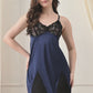 Navy Blue Satin Lycra Babydoll Set with Adjustable Straps