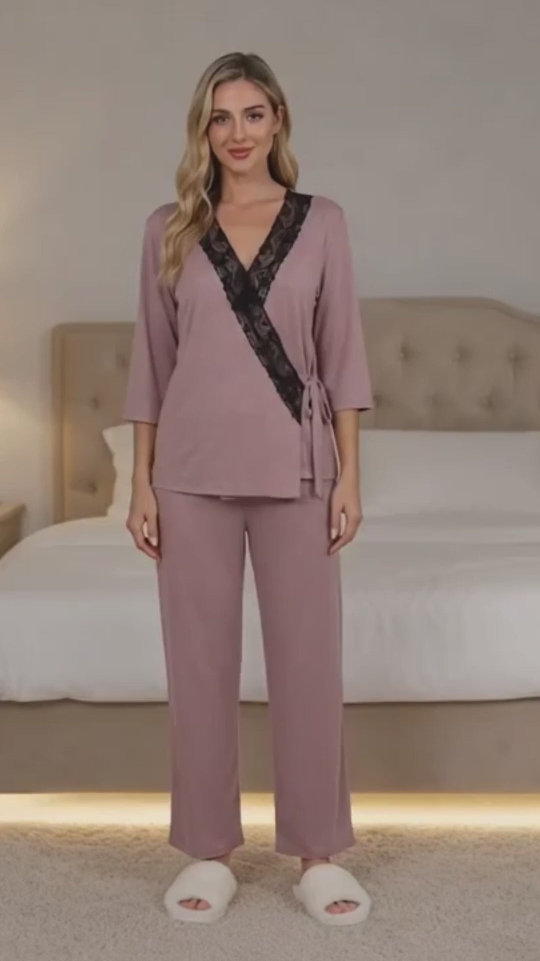 Dusky Pink Knit Wrap-Style Pyjama Set with Lace Panel