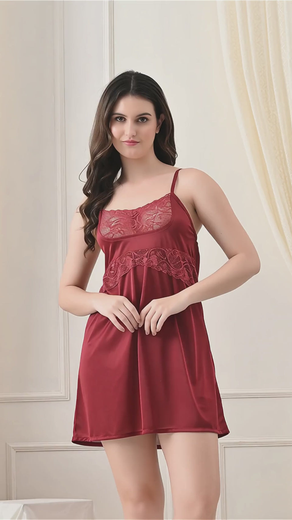 Maroon Satin Lycra Babydoll Set — Style II