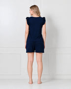 Navy Blue Knit Ruffle-Sleeve Top & Shorts Set with Lace V-Neckline