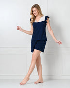 Navy Blue Knit Ruffle-Sleeve Top & Shorts Set with Lace V-Neckline