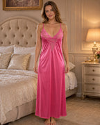 Pink Satin Lycra Wrap Nightgown with Lace Trim