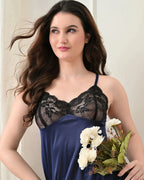 Navy Blue Satin Lycra Babydoll Set with Adjustable Straps