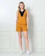 Mustard Knit Sleeveless Top & Shorts Set with Contrast V-Panel