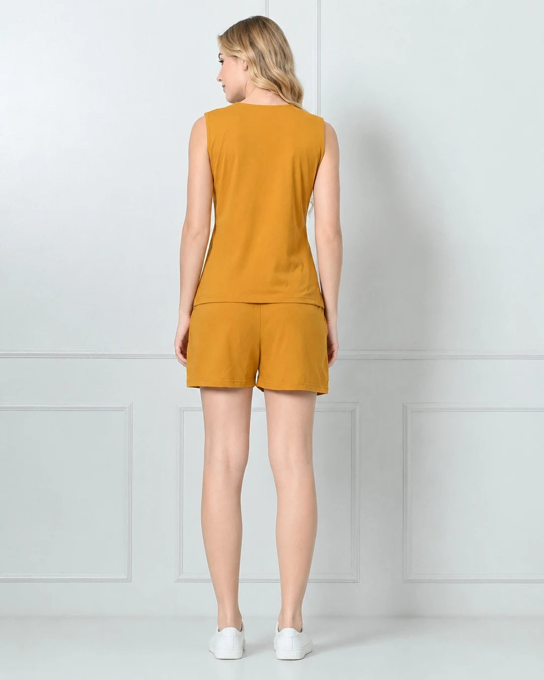 Mustard Knit Sleeveless Top & Shorts Set with Contrast V-Panel