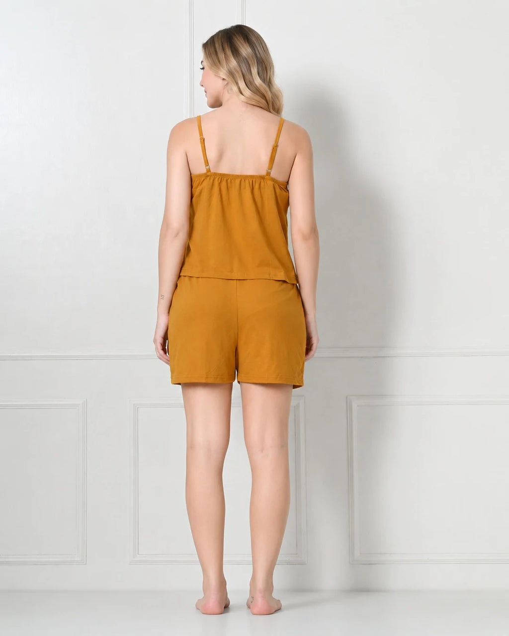 Mustard Knit Spaghetti-Strap Cami & Shorts Set with Lace Yoke Panel