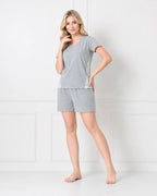 Gray Knit Cap-Sleeve Top & Shorts Set with Side Lace Panel