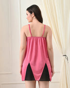 Pink Satin Lycra Babydoll Set with Adjustable Straps