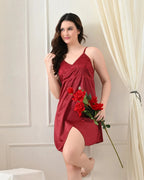 Maroon Satin Lycra Babydoll Set with Adjustable Straps