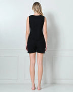 Black Knit Sleeveless Top & Shorts Set with Contrast V-Panel