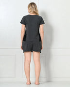 Charcoal Knit Cap-Sleeve Top & Shorts Set with Contrast Side Panels