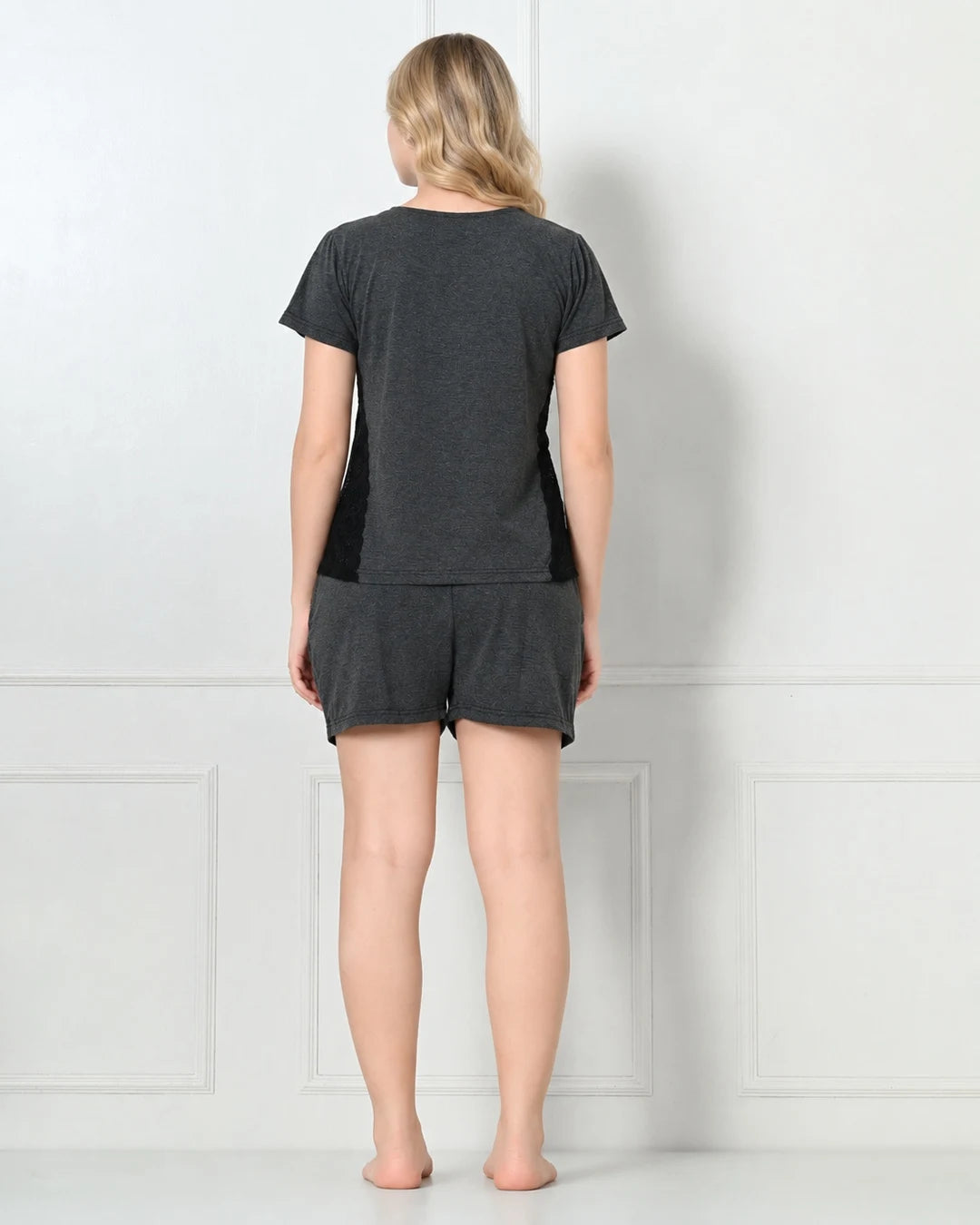 Charcoal Knit Cap-Sleeve Top & Shorts Set with Contrast Side Panels